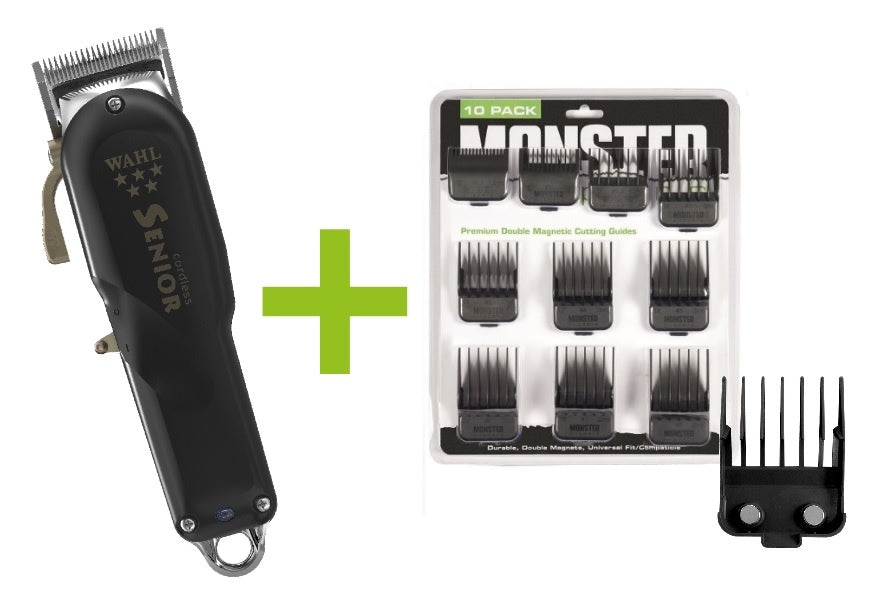 Wahl Senior Cordless + Monster Clippers Premium Dubbel Magnetische Opzetkammen Zwart