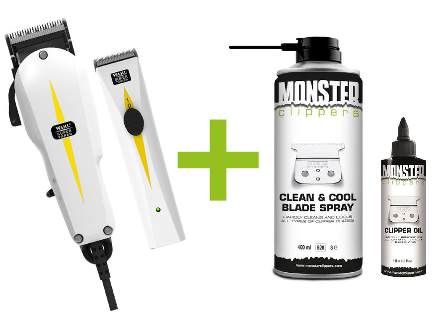 Wahl Combipack Super Taper + Super Trimmer + Monster Clippers Clean & Cool Blade Spray & Olie