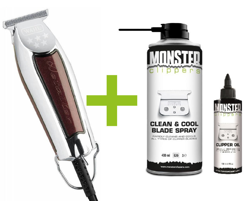 Wahl Detailer Trimmer T-Wide 38mm + Monster Clippers Clean & Cool Blade Spray & Olie