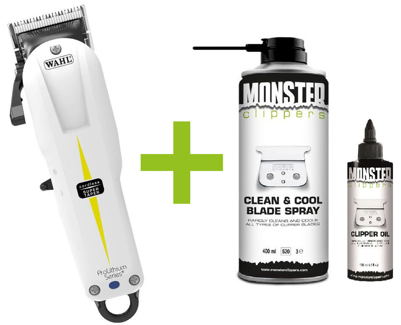 Wahl Super Taper Cordless Tondeuse + Monster Clippers Clean & Cool Blade Spray & Olie