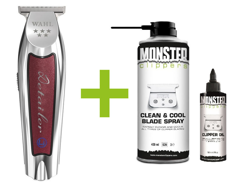 Wahl Cordless Detailer Li Trimmer T-Wide + Monster Clippers Clean & Cool Blade Spray & Olie