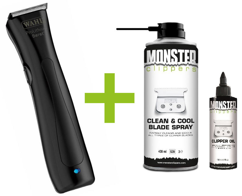 Wahl Beret Trimmer Black Stealth + Monster Clippers Clean & Cool Blade Spray & Olie