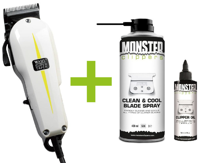 Wahl Super Taper Tondeuse + Monster Clippers Clean & Cool Blade Spray & Olie