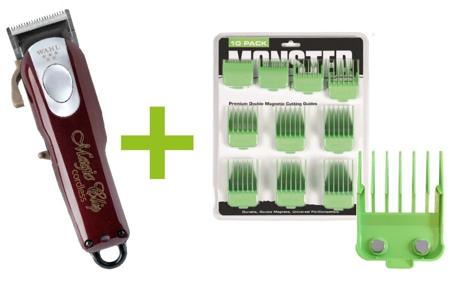 Wahl Magic Clip Cordless + Monster Clippers Premium Dubbel Magnetische Opzetkammen Groen